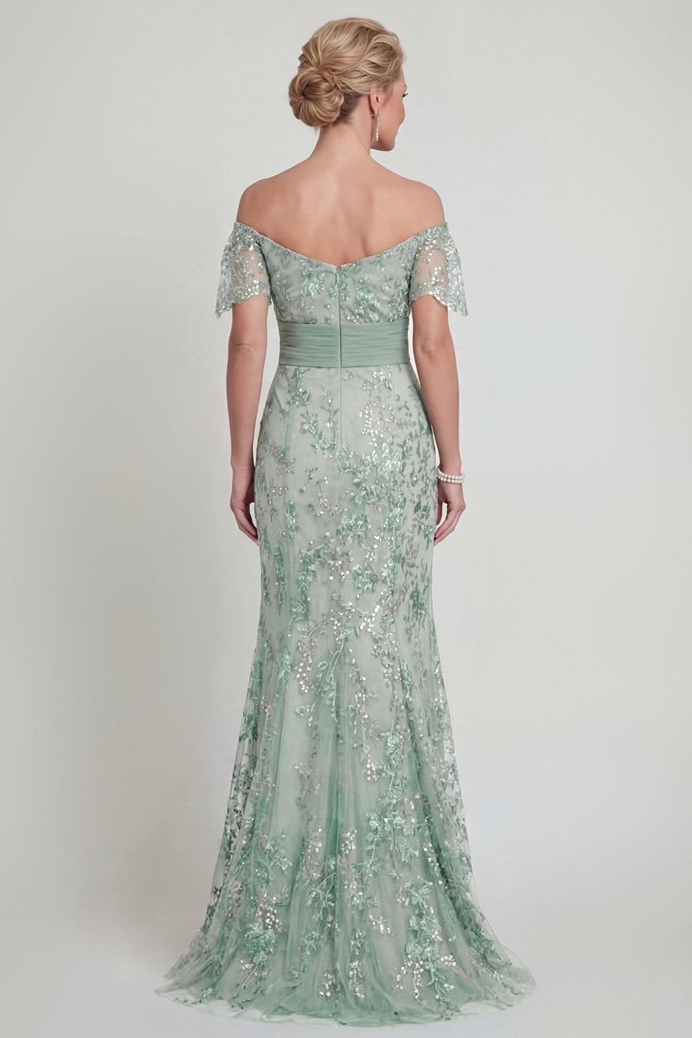 Off-the-Shoulder Green Mermaid Sequin Mother of the Bride Dress with Embroidery