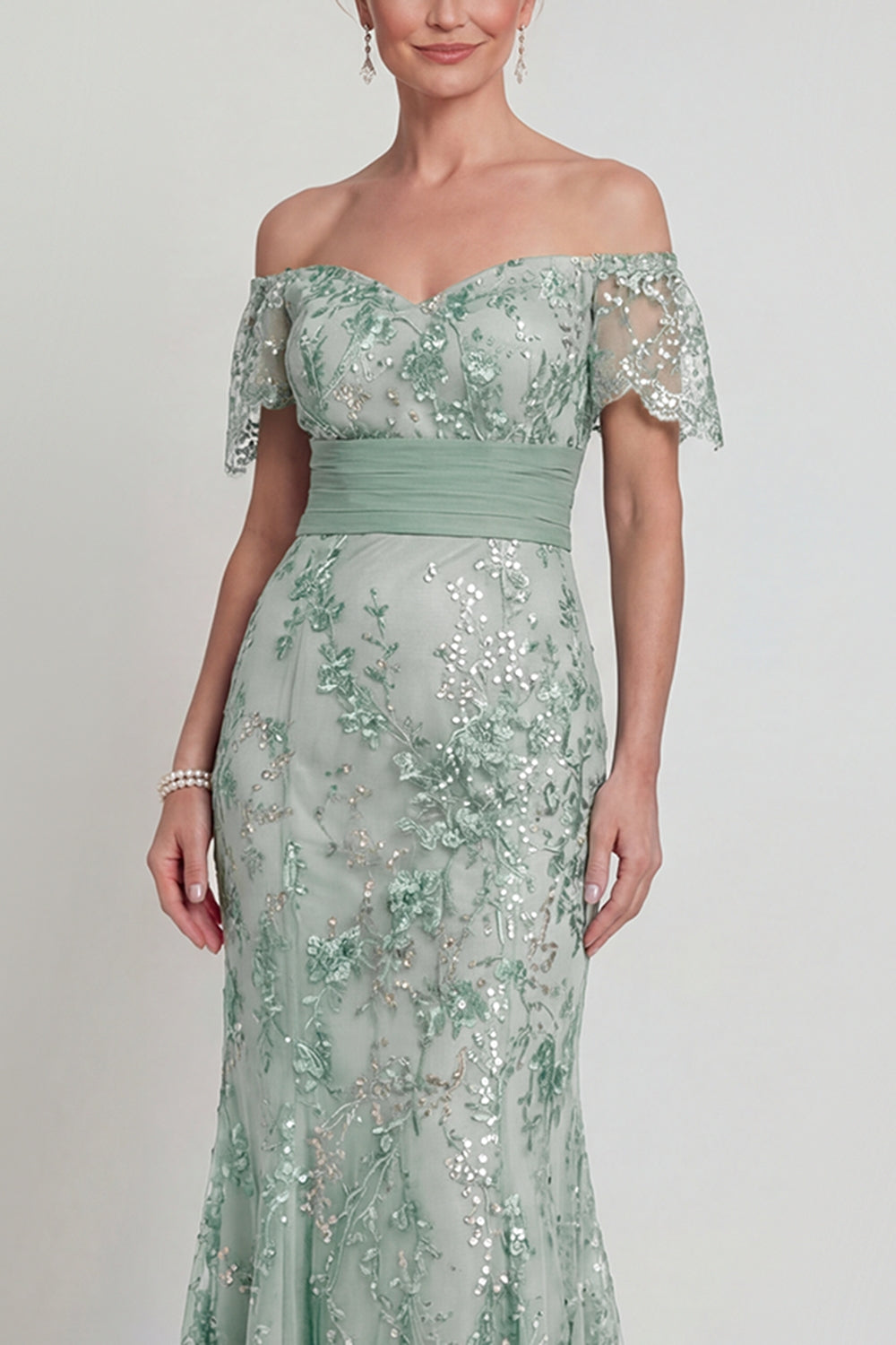 Off-the-Shoulder Green Mermaid Sequin Mother of the Bride Dress with Embroidery