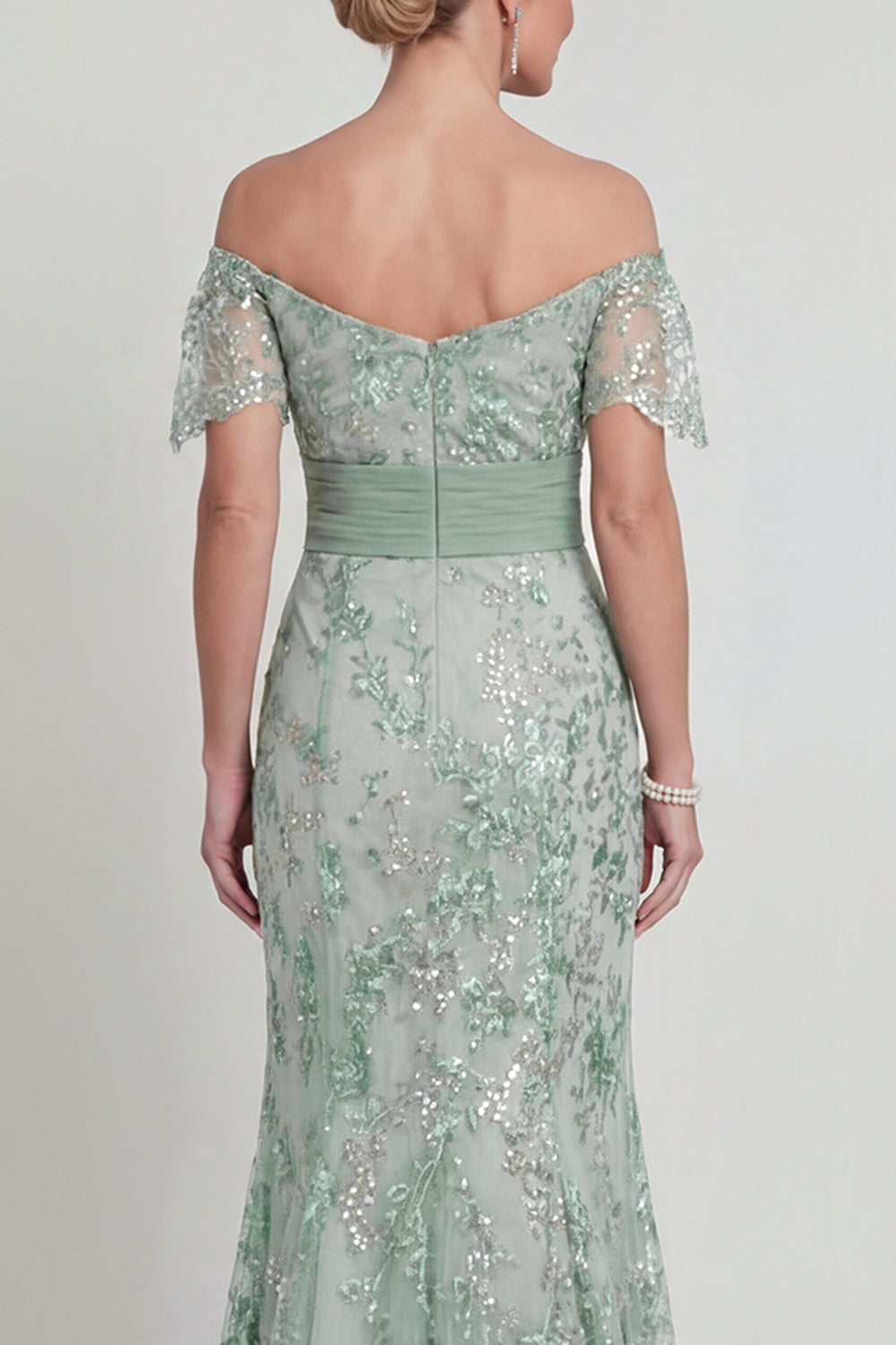 Off-the-Shoulder Green Mermaid Sequin Mother of the Bride Dress with Embroidery