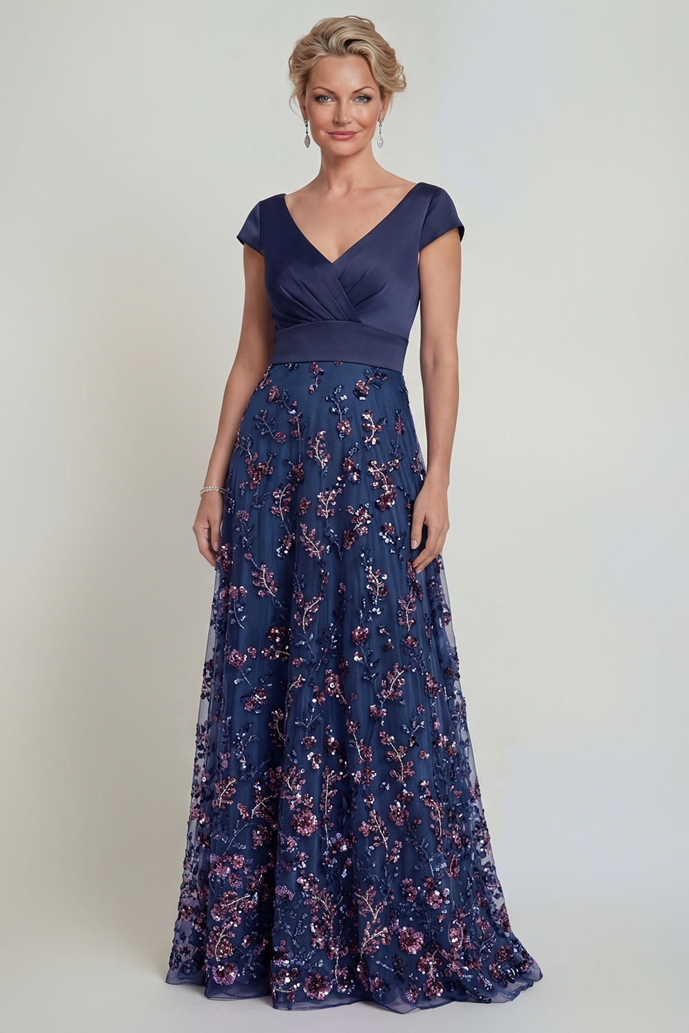 Navy Sequins A Line V Neck Long Mother of the Bride Dress with Cap Sleeves