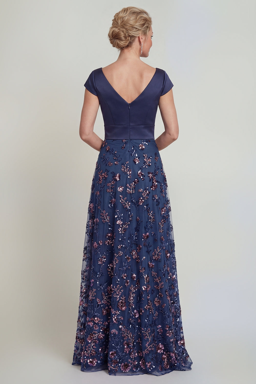 Navy Sequins A Line V Neck Long Mother of the Bride Dress with Cap Sleeves