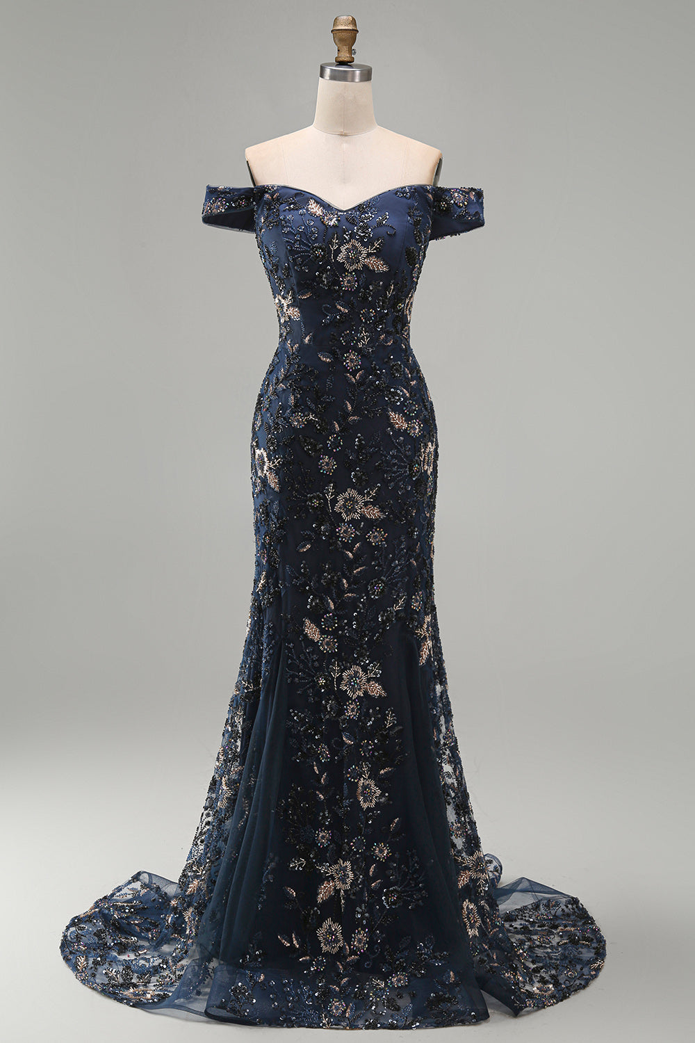 Off-The-Shoulder Navy Floral Beaded Mermaid Long Mother of the Bride Dress