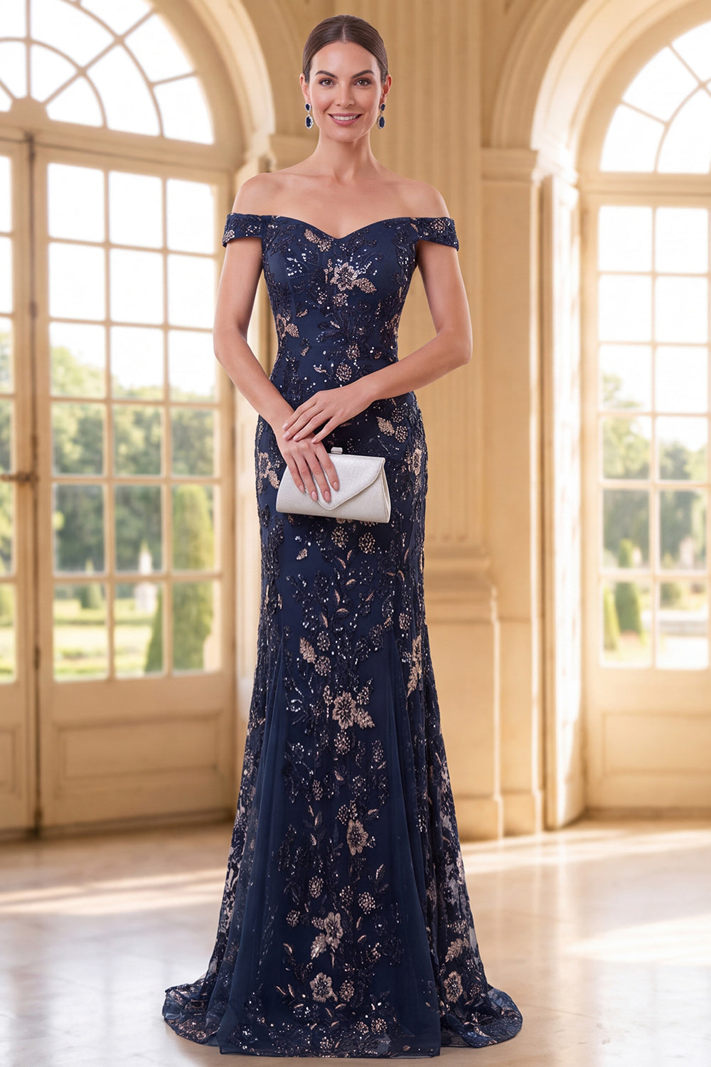 Navy Mermaid Off-The-Shoulder Long Mother of the Bride Dress with Sequins