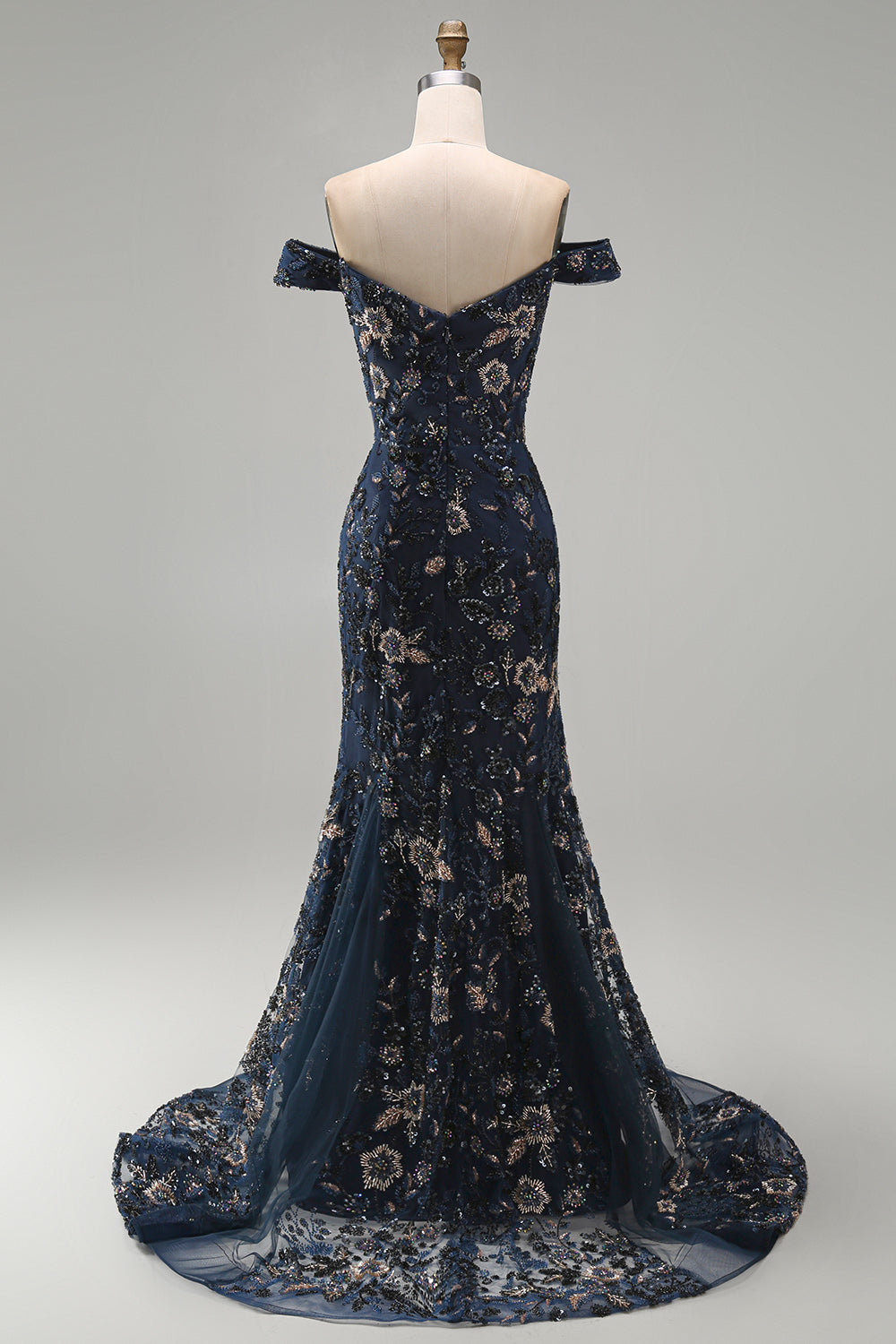 Off-The-Shoulder Navy Floral Beaded Mermaid Long Mother of the Bride Dress