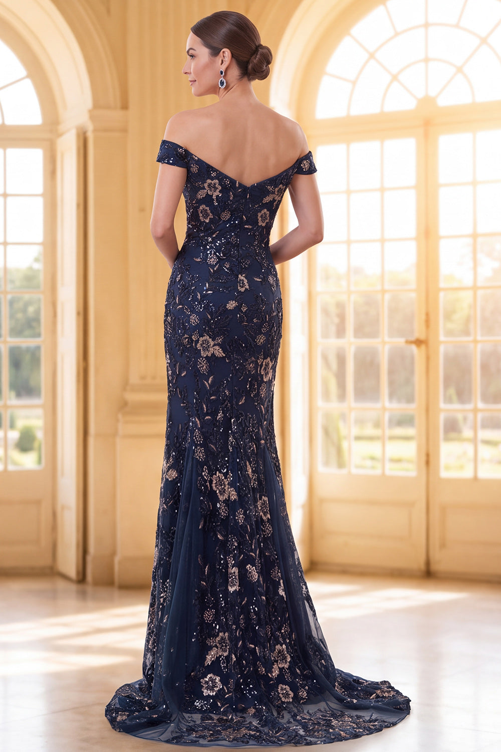 Navy Mermaid Off-The-Shoulder Long Mother of the Bride Dress with Sequins