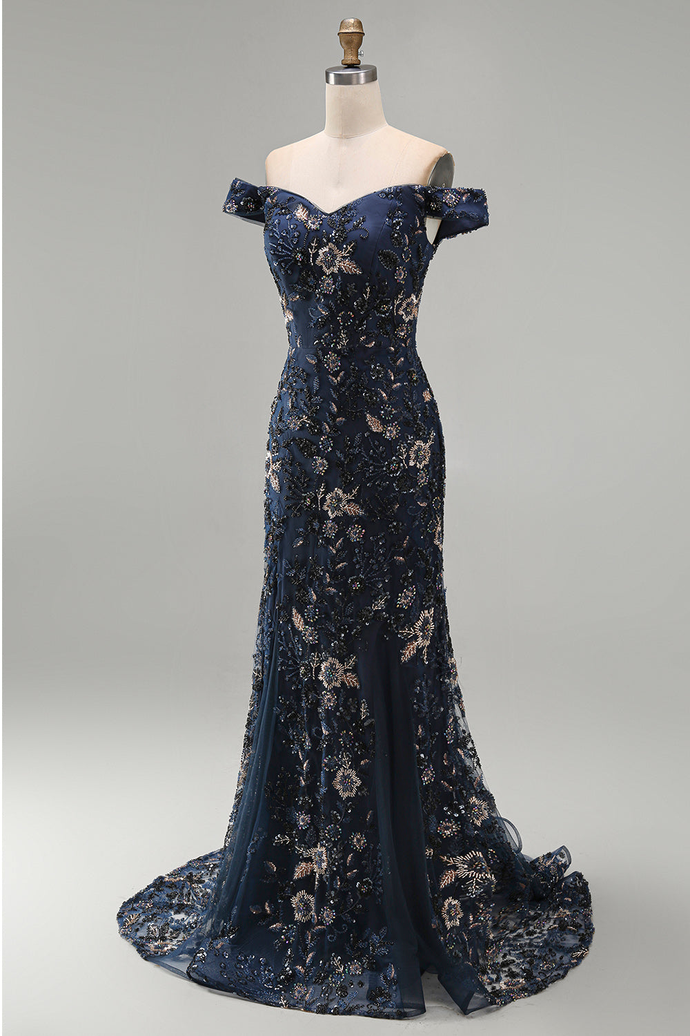 Off-The-Shoulder Navy Floral Beaded Mermaid Long Mother of the Bride Dress