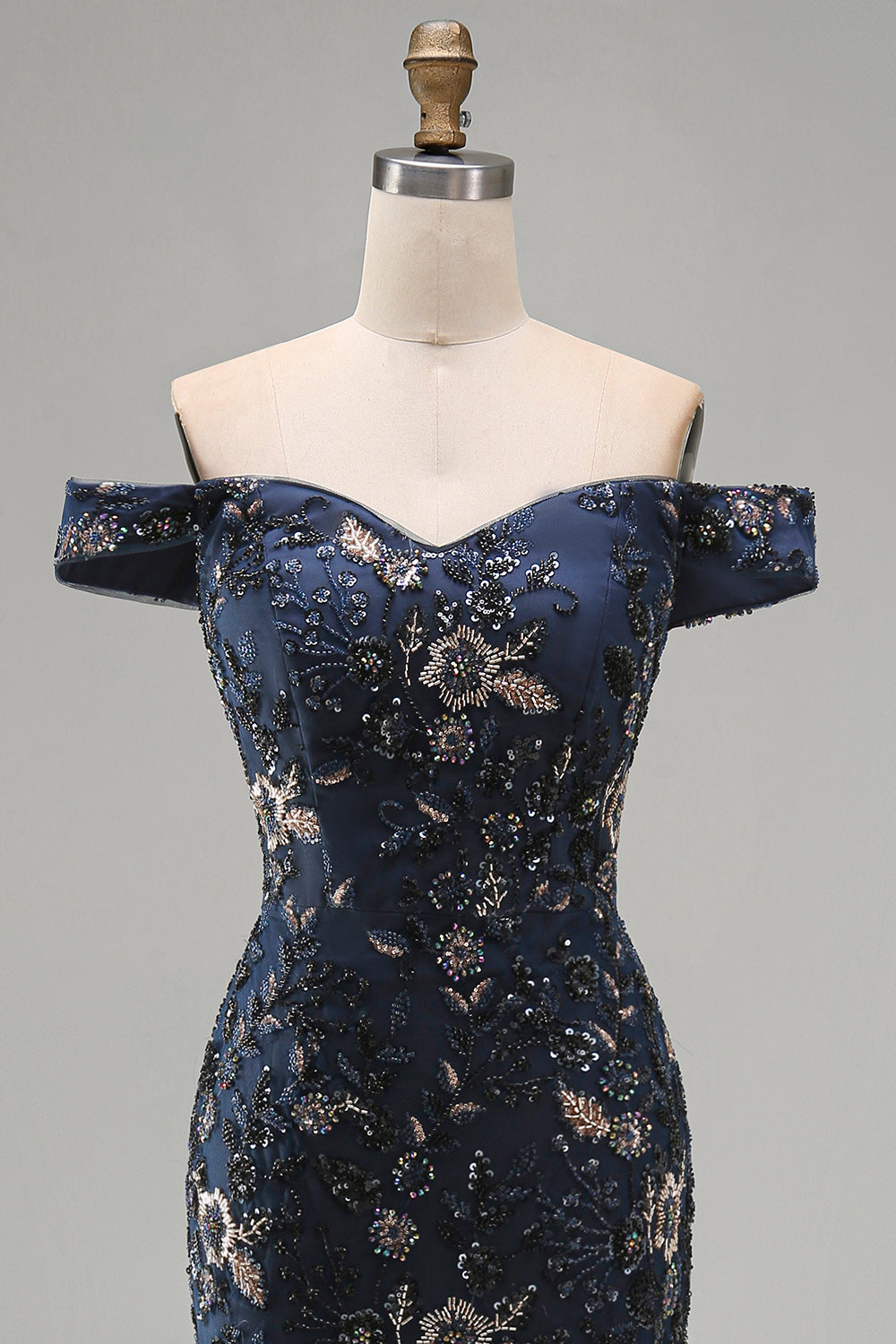 Navy Mermaid Off-The-Shoulder Long Mother of the Bride Dress with Sequins