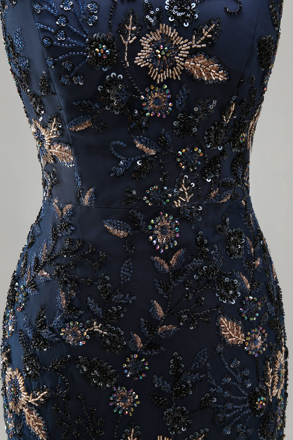Off-The-Shoulder Navy Floral Beaded Mermaid Long Mother of the Bride Dress