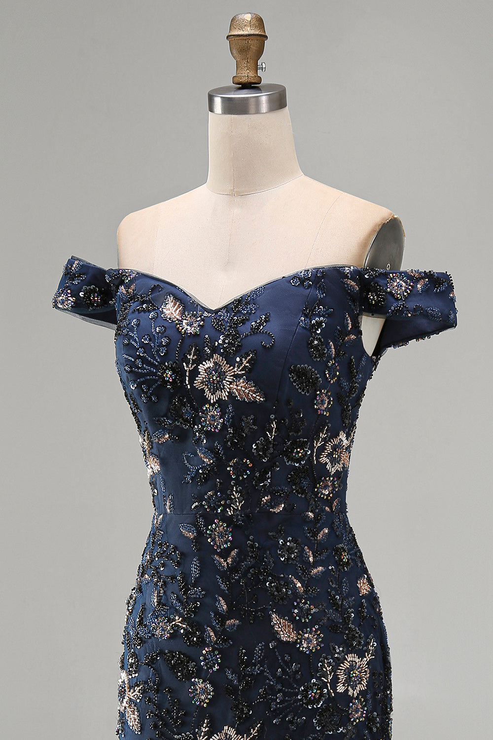 Off-The-Shoulder Navy Floral Beaded Mermaid Long Mother of the Bride Dress