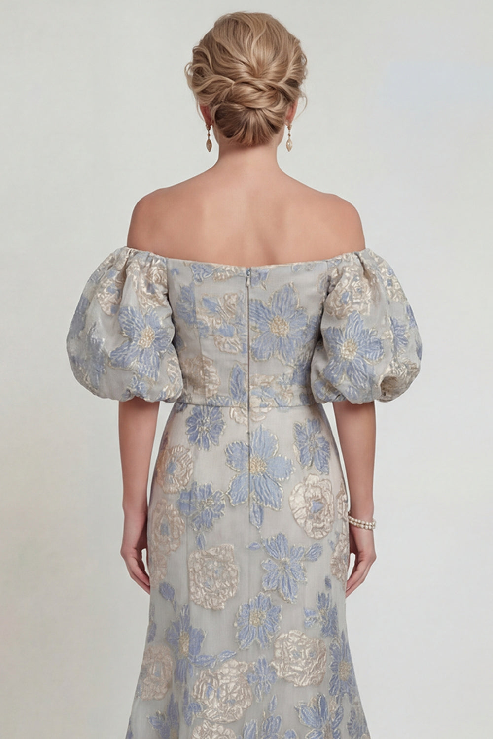 Floral Dusty Blue Mermaid Off The Shoulder Mother Of Bride Dress