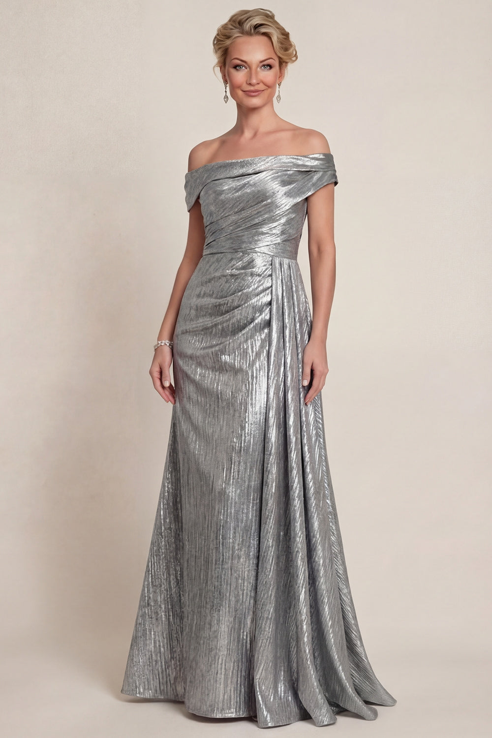 Robe de Mère de la Mariée Sirène Grise Argentée Froncée Épaules Dénudées