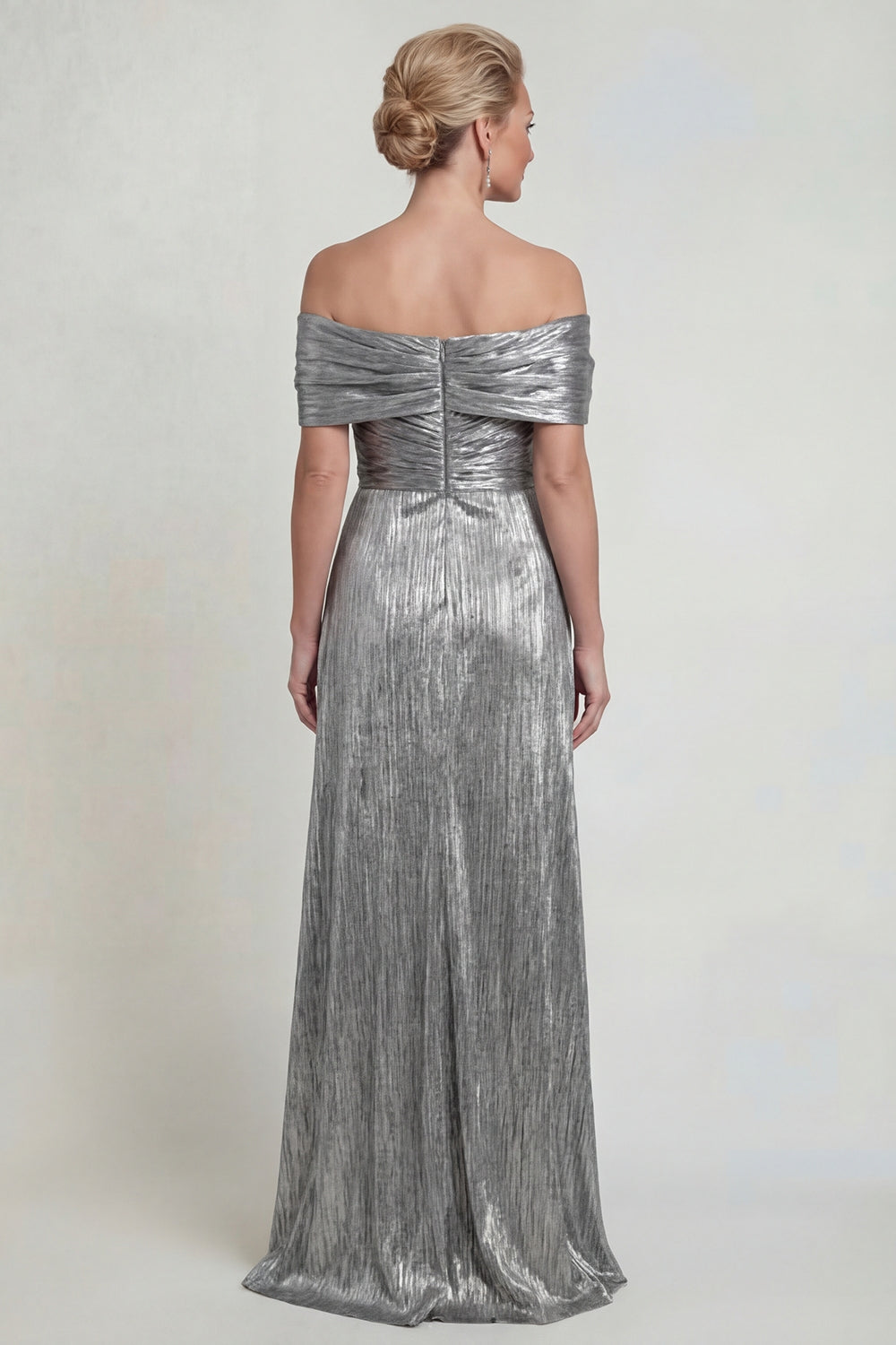 Robe Mère de la Mariée trapèze, froncée, épaules dénudées, gris argenté, avec poches