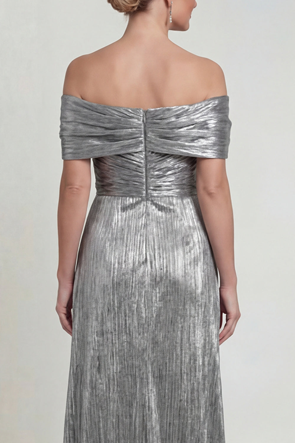 Robe Mère de la Mariée trapèze, froncée, épaules dénudées, gris argenté, avec poches