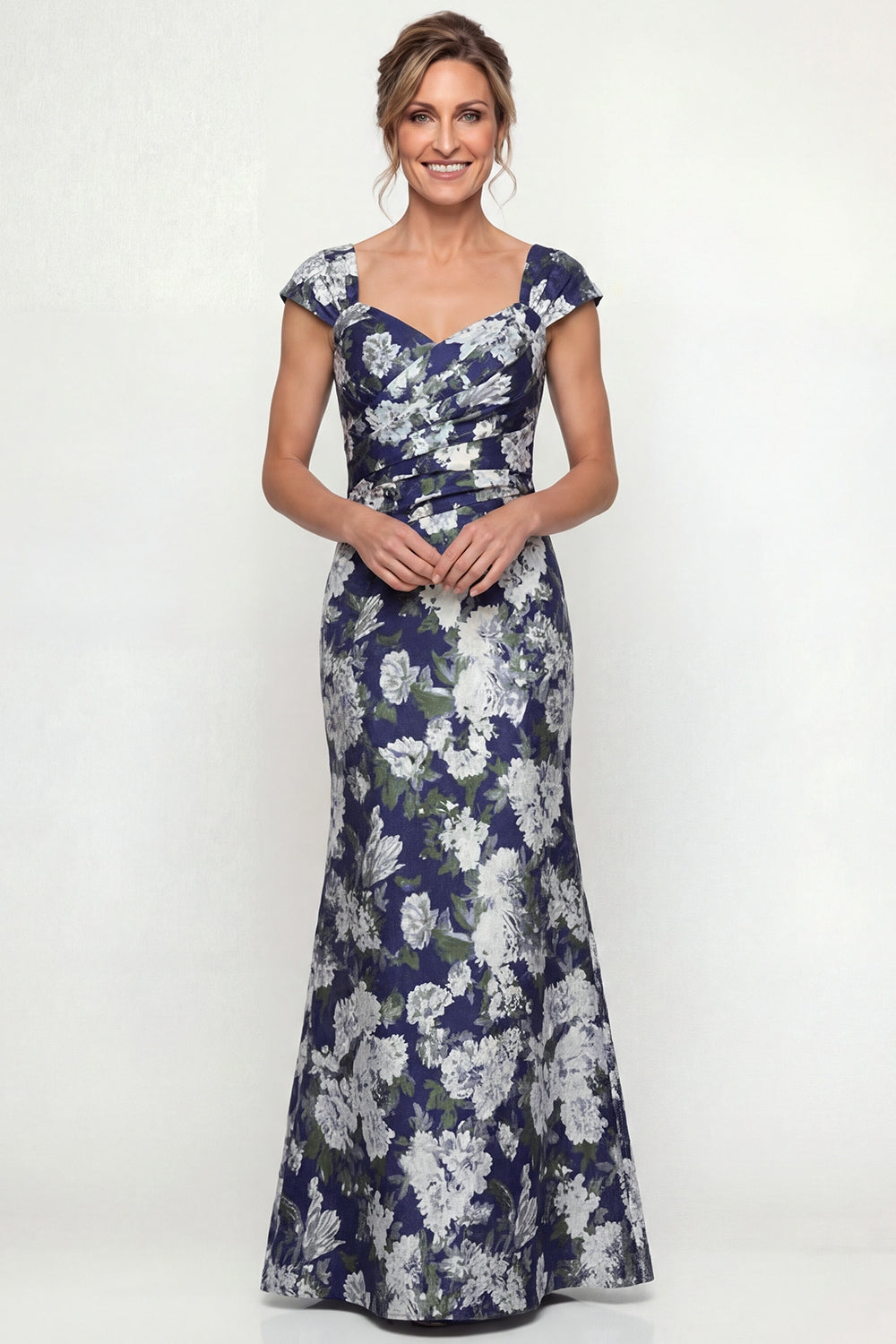 Robe Trapèze Mère de la Mariée Imprimée Floral Sirène Marine à Manches Courtes