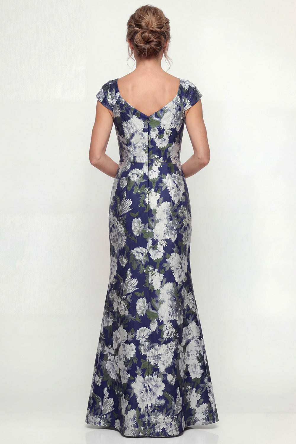 Robe Trapèze Mère de la Mariée Imprimée Floral Sirène Marine à Manches Courtes