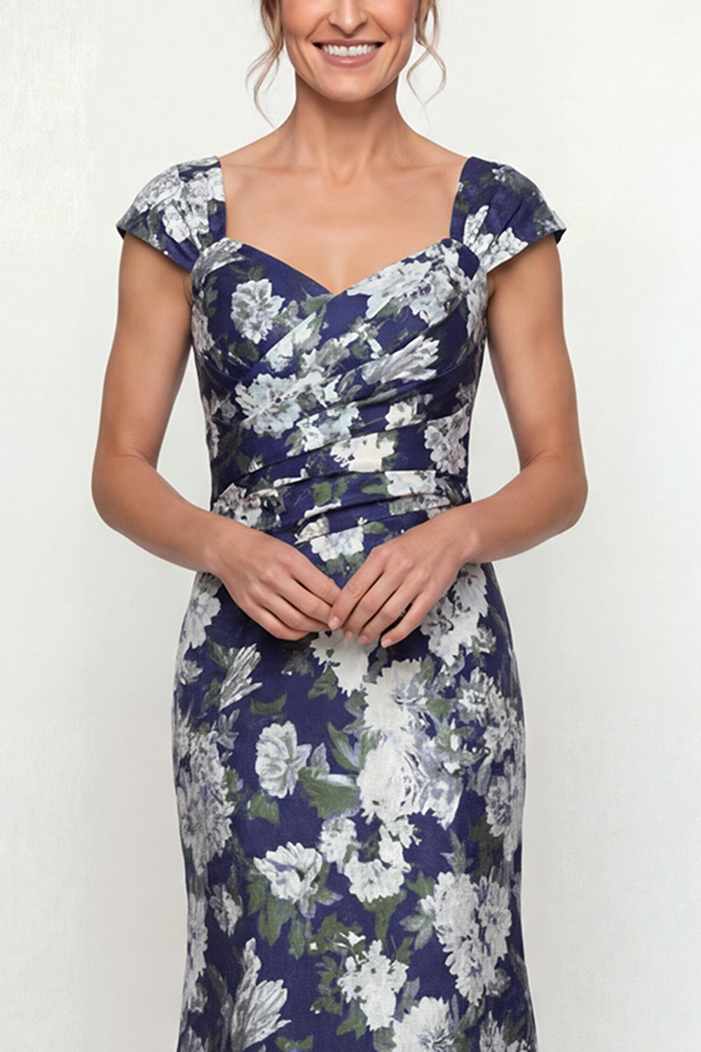 Robe Trapèze Mère de la Mariée Imprimée Floral Sirène Marine à Manches Courtes