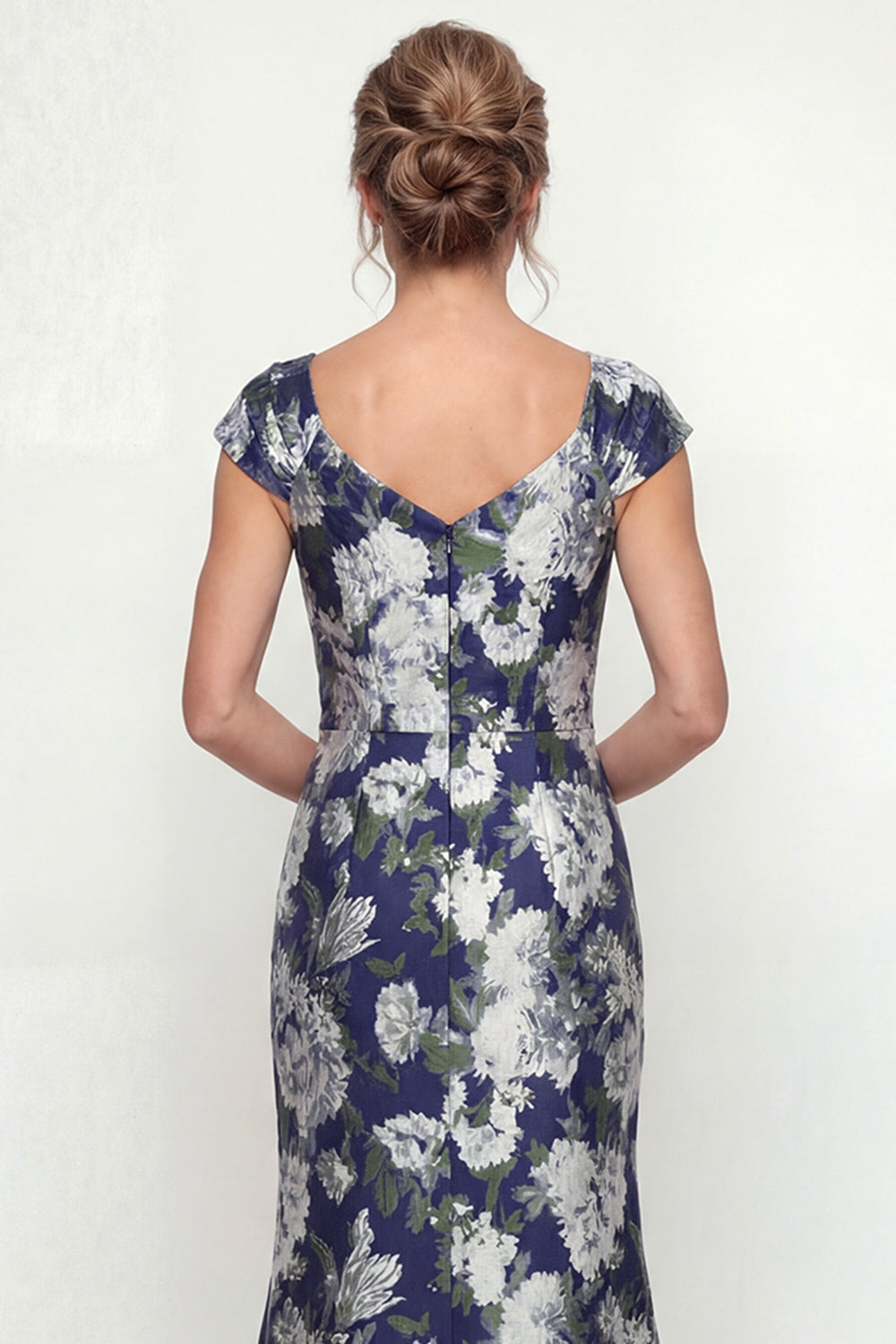 Robe Trapèze Mère de la Mariée Imprimée Floral Sirène Marine à Manches Courtes