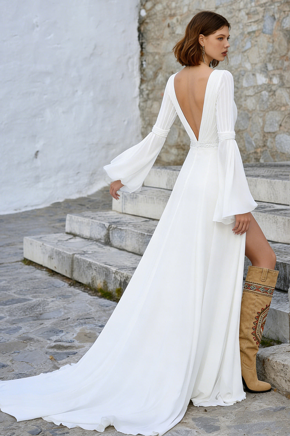 Ivory V-Neck A-Line Long Sleeves Wedding Dress with Slit