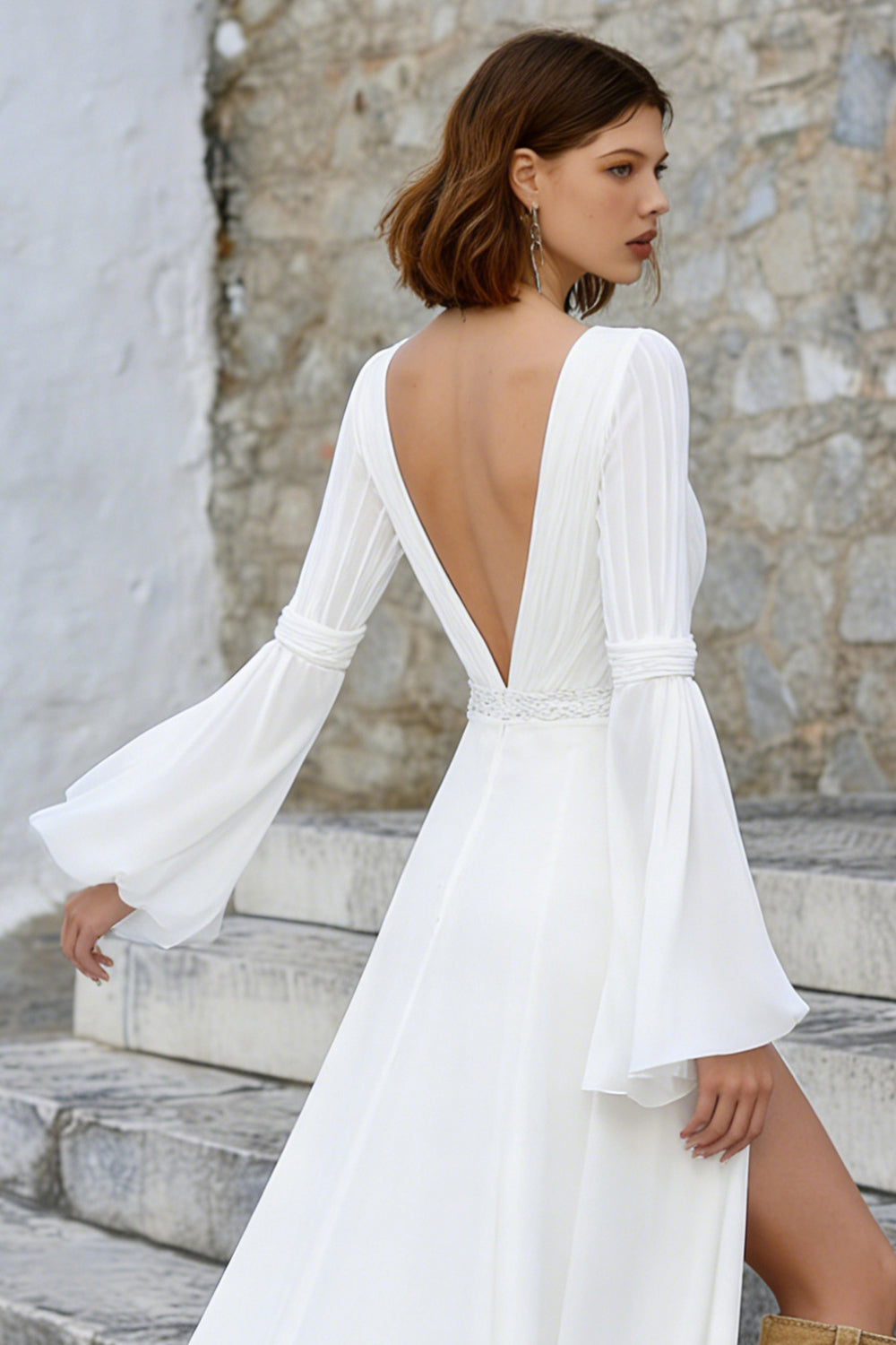Ivory V-Neck A-Line Long Sleeves Wedding Dress with Slit