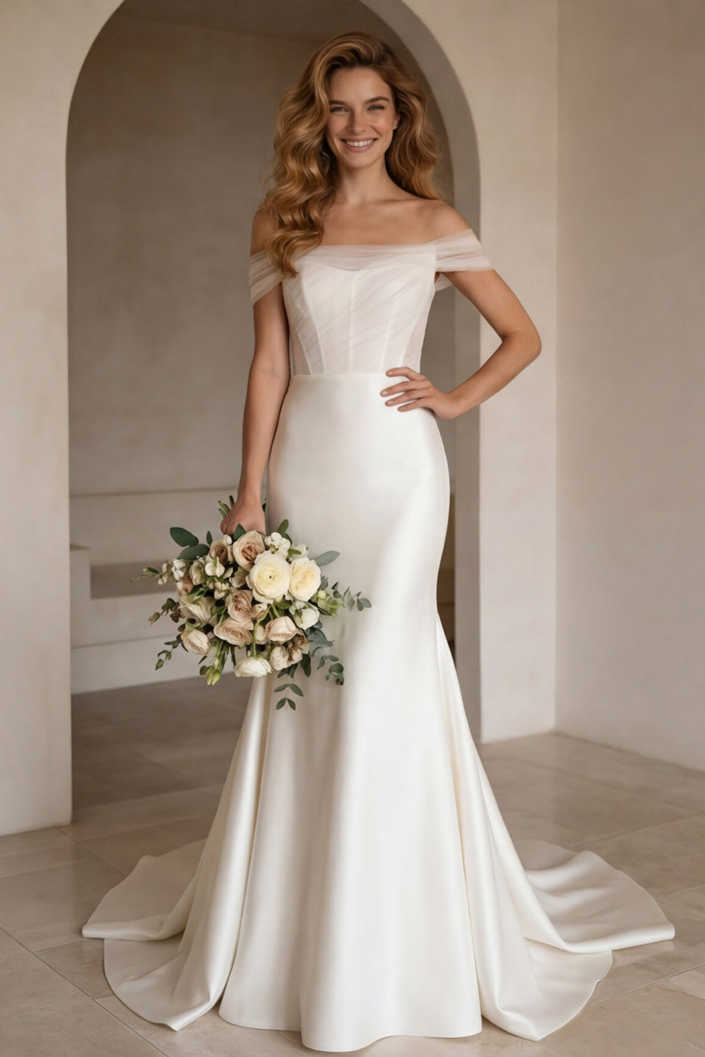 Ivory Off-the-Shoulder Corset Sweep Train Wedding Dress