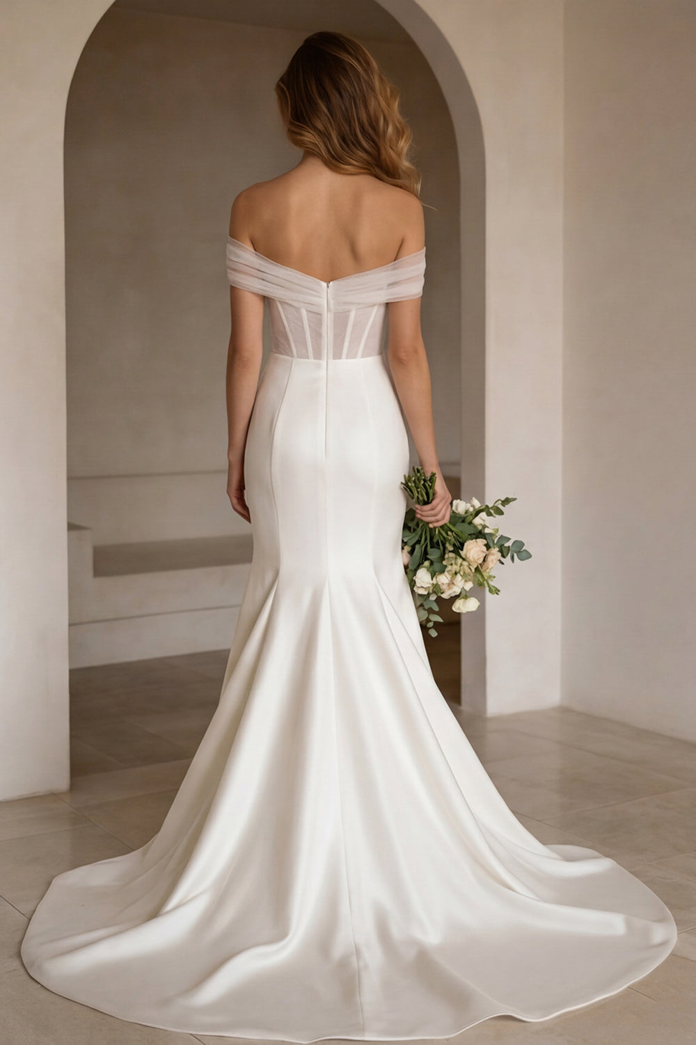Ivory Off-the-Shoulder Corset Sweep Train Wedding Dress