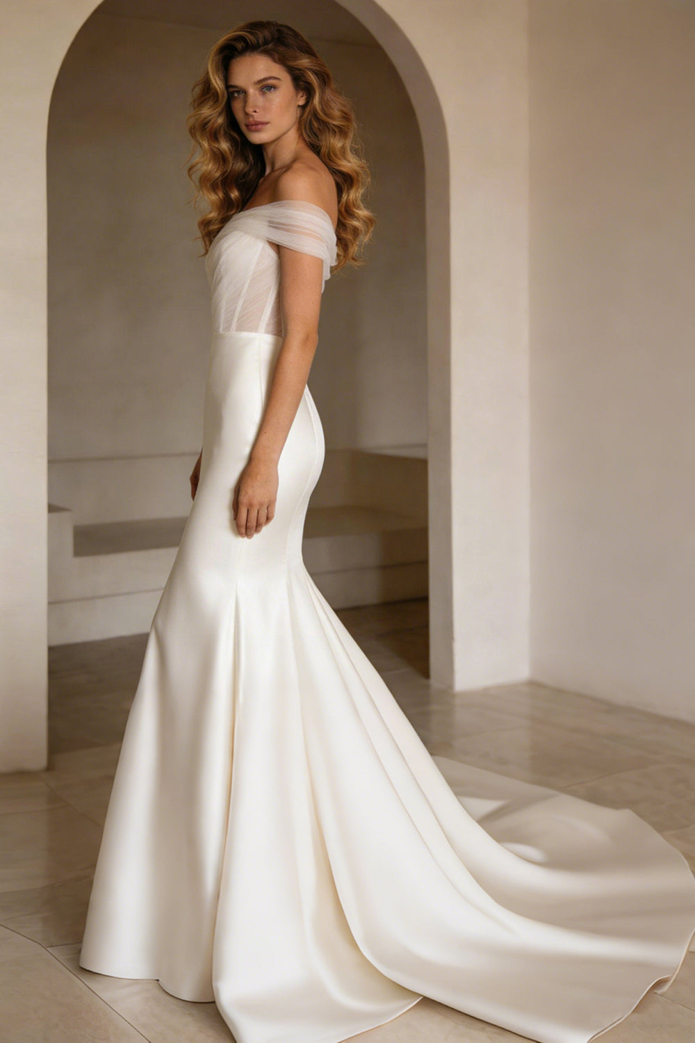 Ivory Off-the-Shoulder Corset Sweep Train Wedding Dress