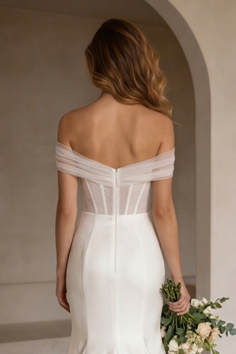 Ivory Off-the-Shoulder Corset Sweep Train Wedding Dress