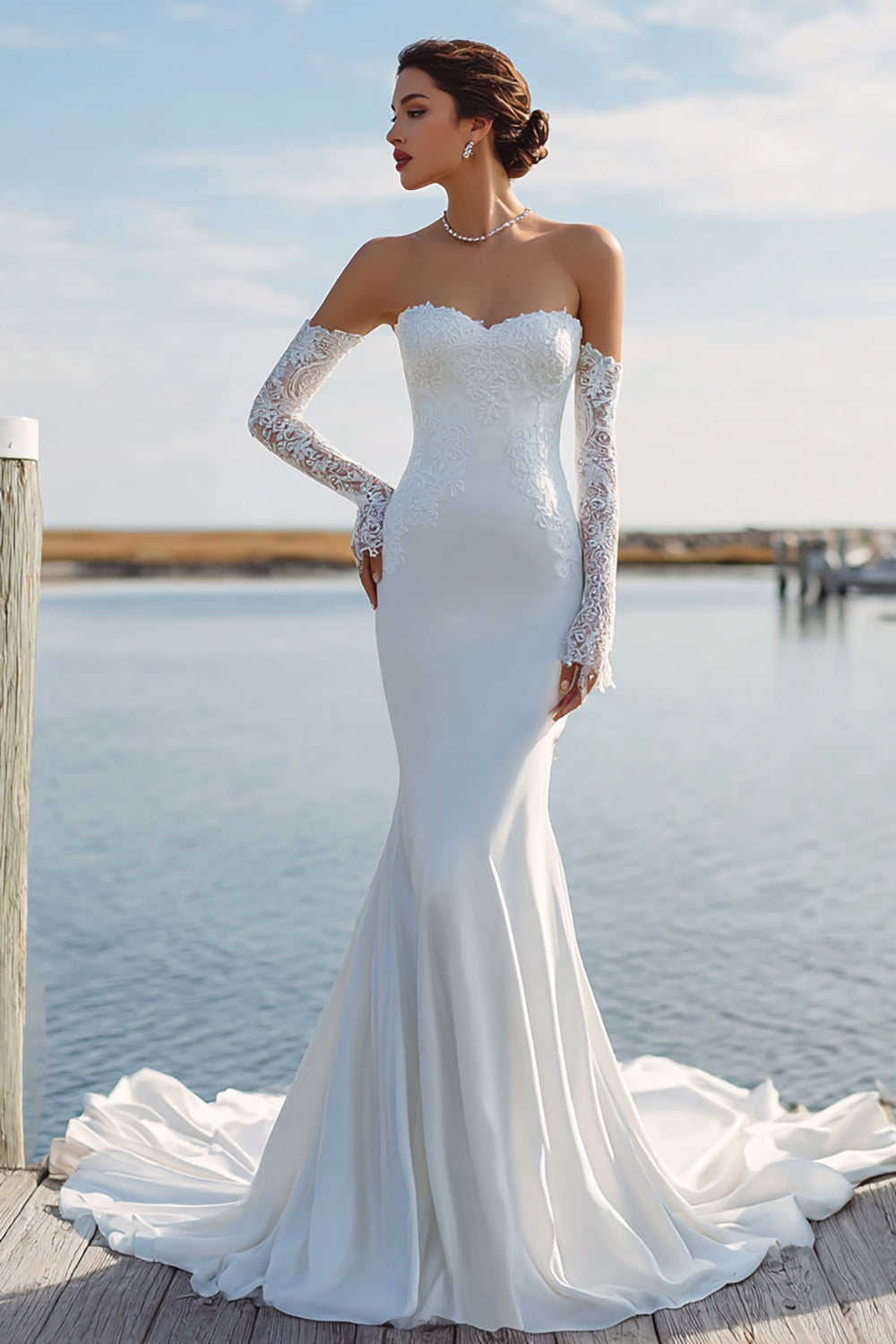 Ivory Sweetheart Mermaid Sweep Train Wedding Dress with Lace