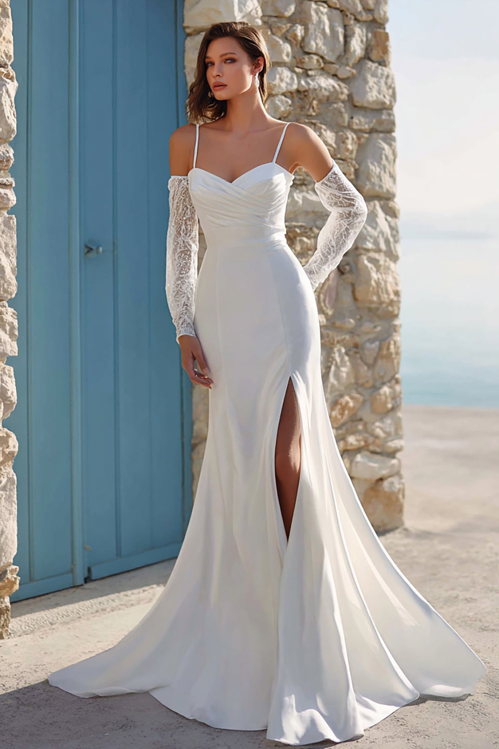Ivory Mermaid Ruched Spaghetti Straps Sweep Train Wedding Dress with Slit