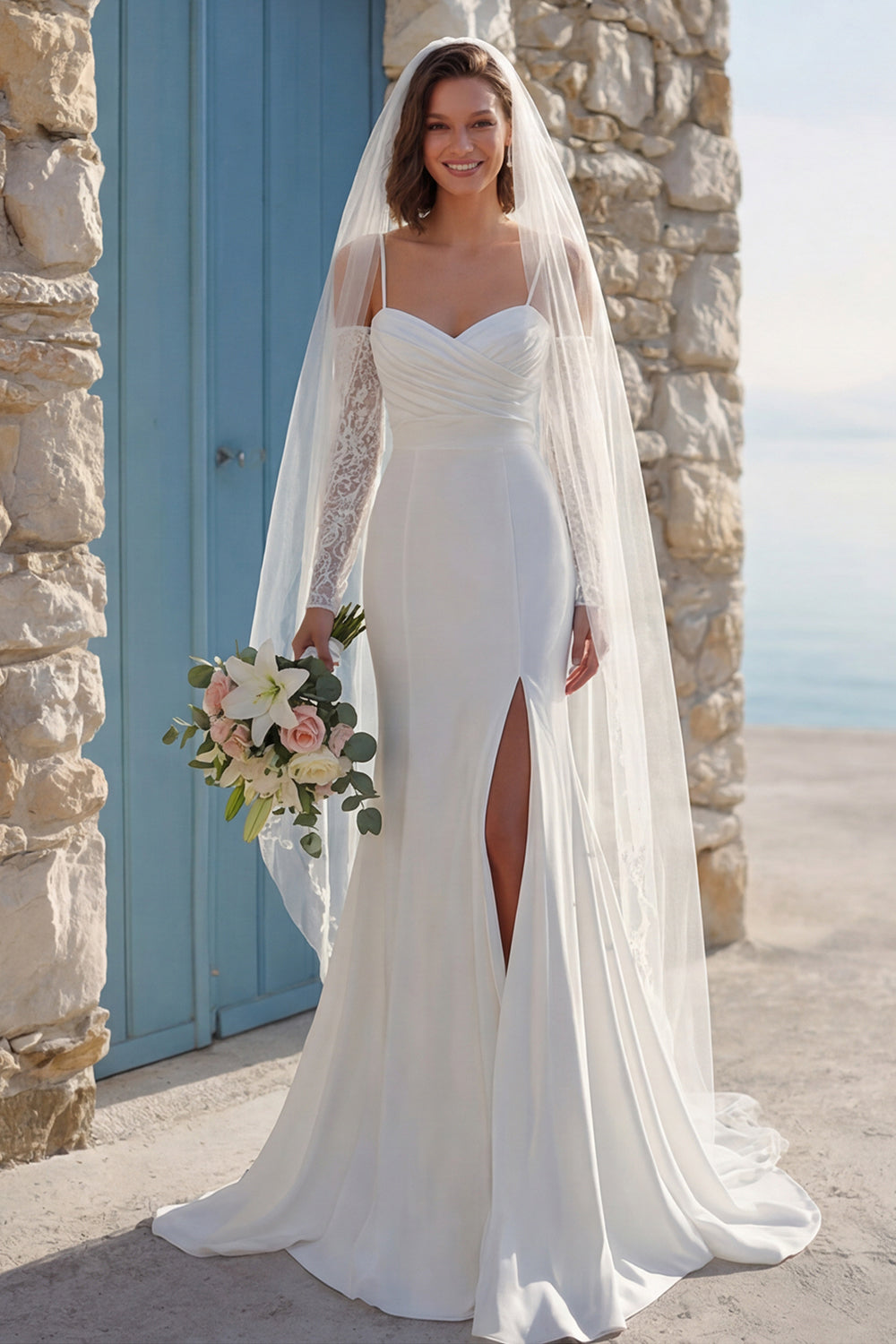 Ivory Mermaid Ruched Spaghetti Straps Sweep Train Wedding Dress with Slit