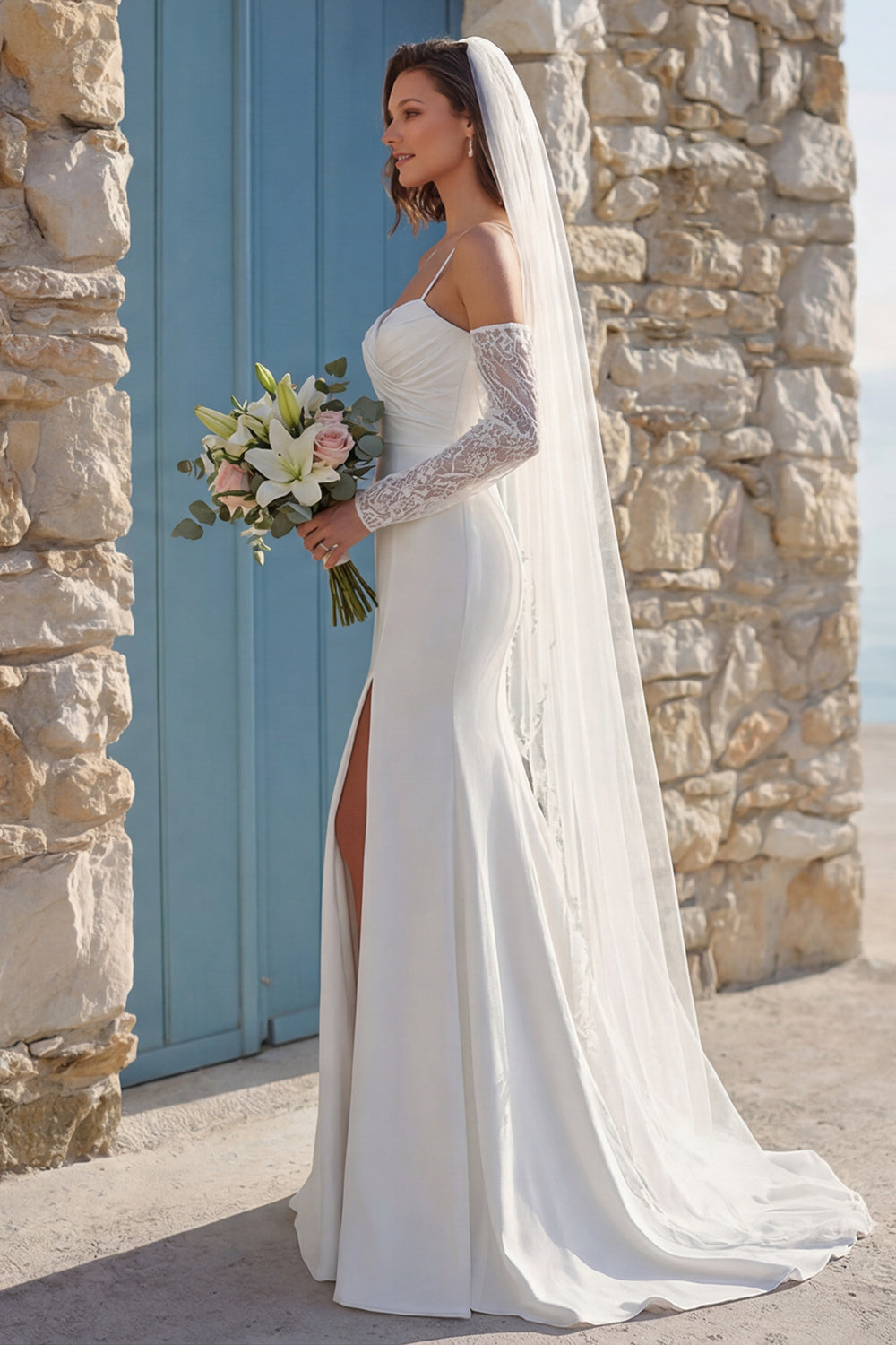 Ivory Mermaid Ruched Spaghetti Straps Sweep Train Wedding Dress with Slit