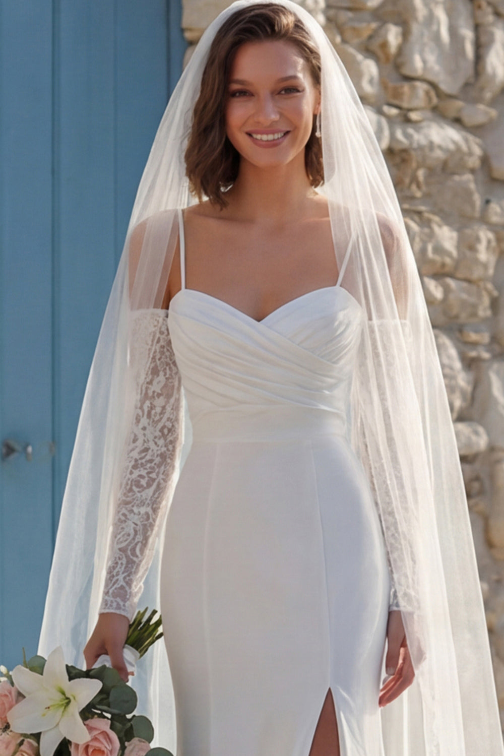 Ivory Mermaid Ruched Spaghetti Straps Sweep Train Wedding Dress with Slit