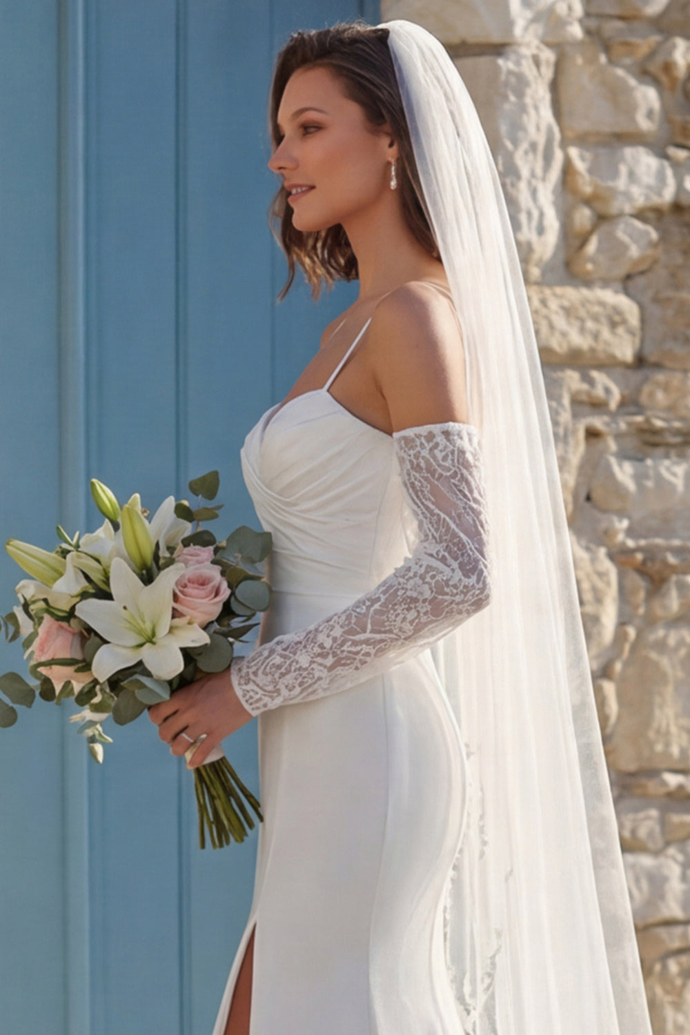 Ivory Mermaid Ruched Spaghetti Straps Sweep Train Wedding Dress with Slit