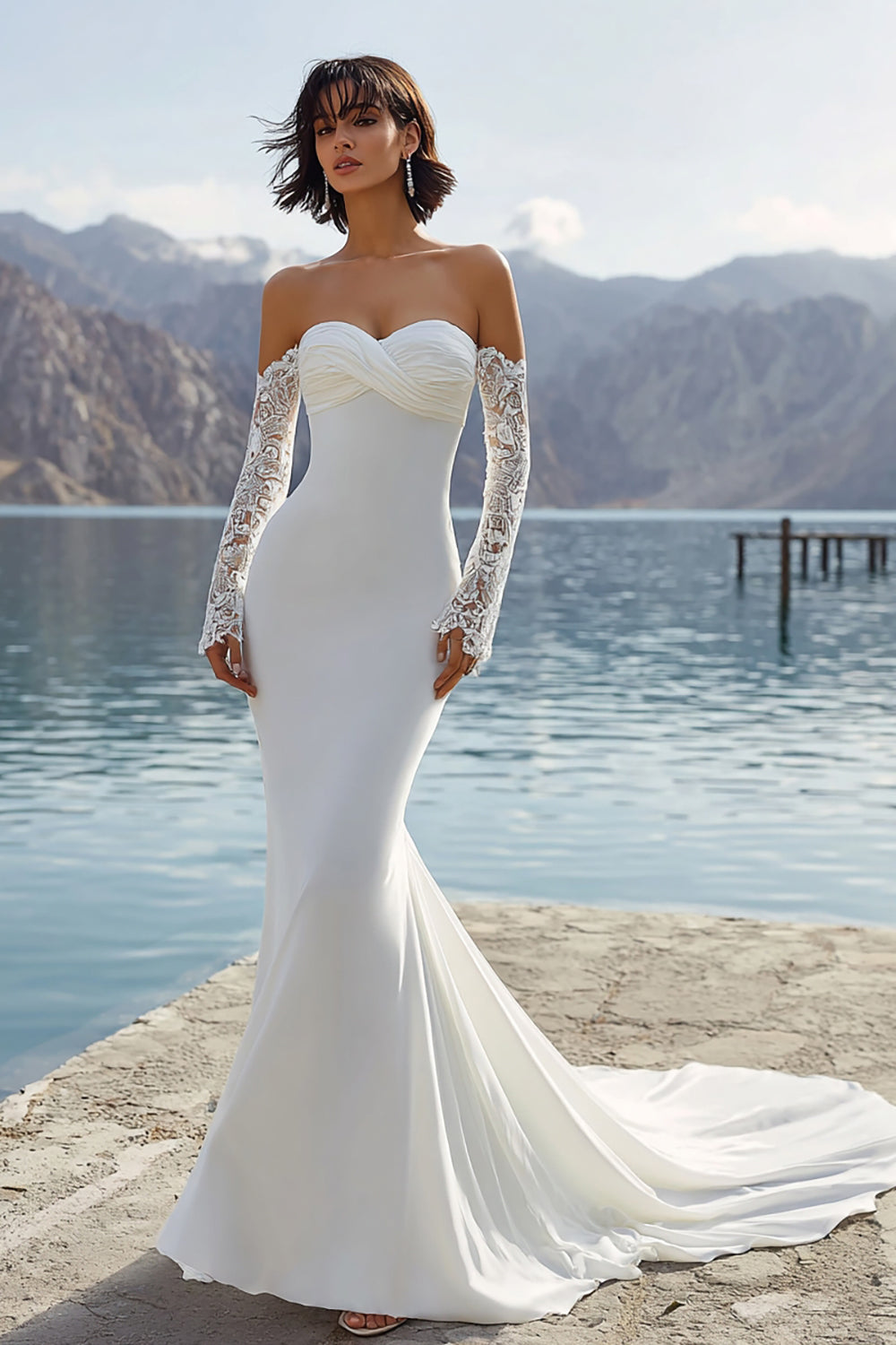 Ivory Mermaid Sweep Train Wedding Dress with Sleeves