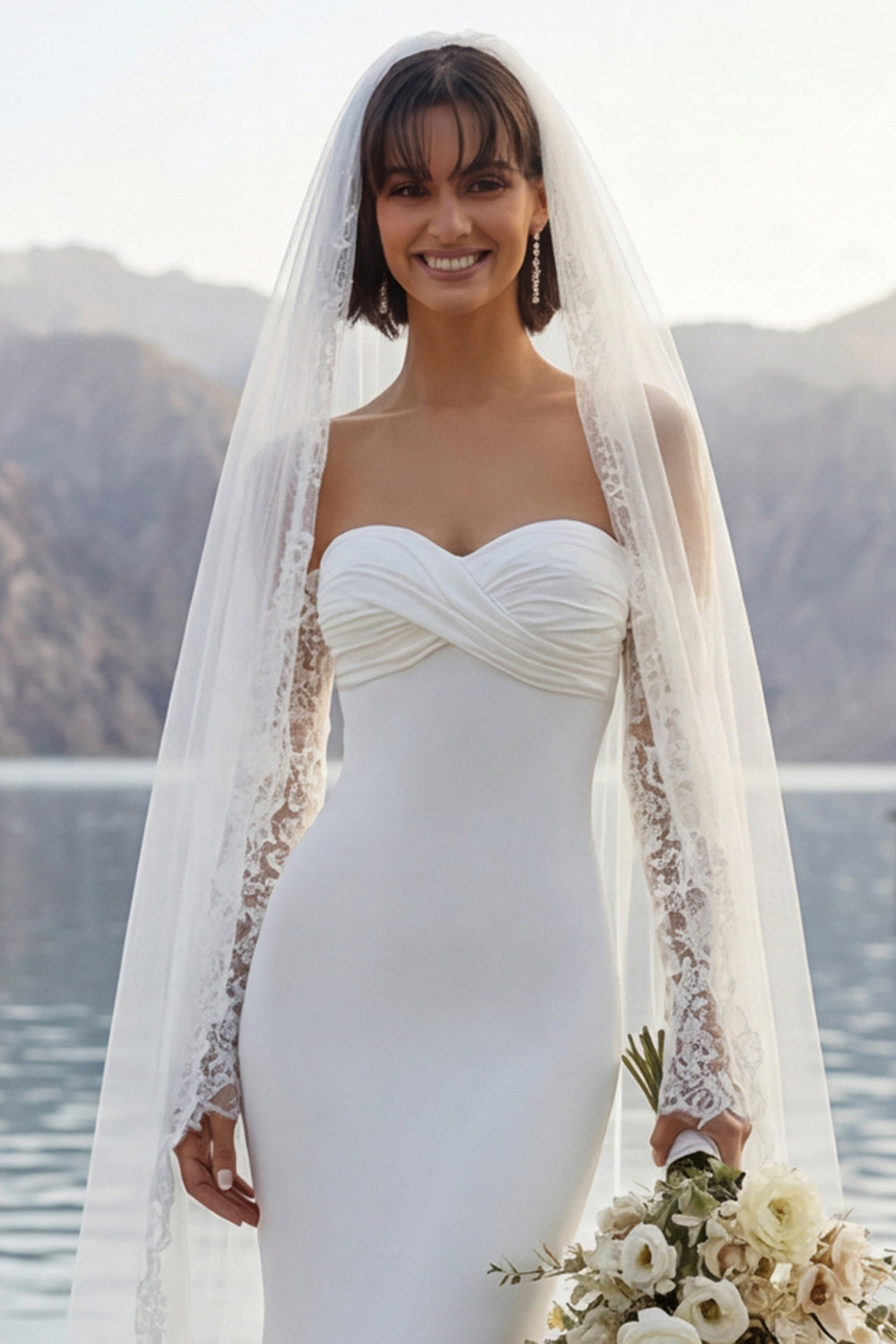 Ivory Mermaid Sweep Train Wedding Dress with Sleeves