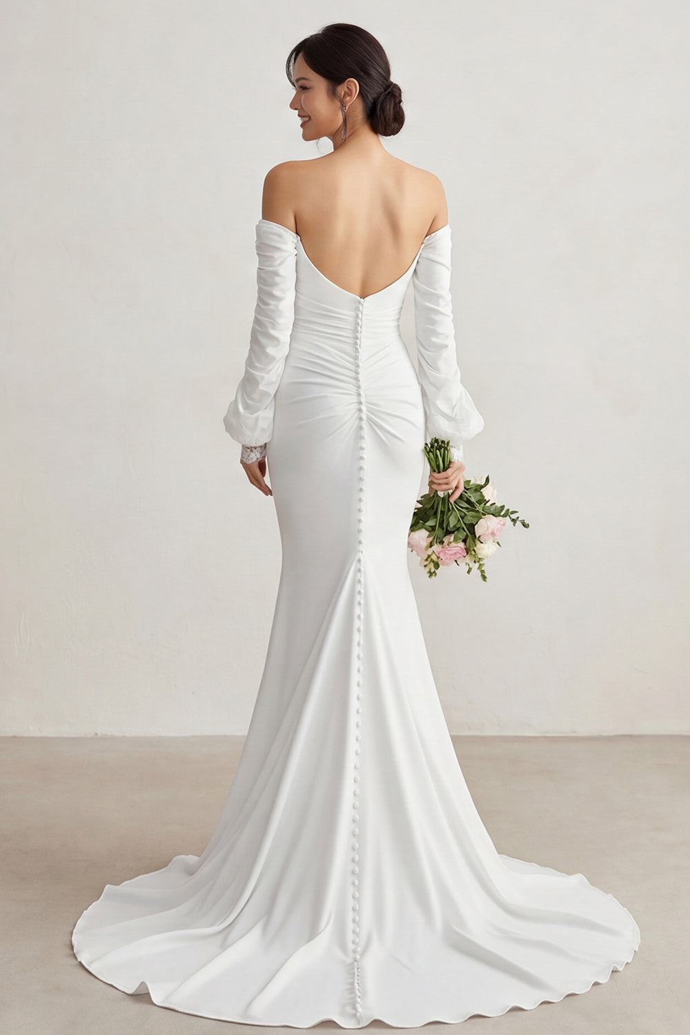 Ivory Chiffon Mermaid Appliqued Sweep Train Boho Wedding Dress with Sleeves