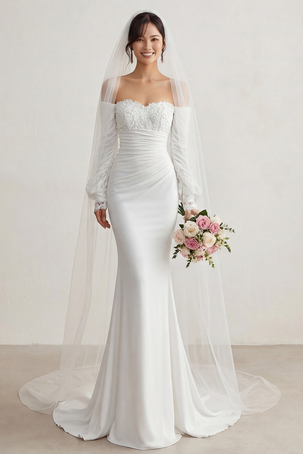 Ivory Chiffon Mermaid Appliqued Sweep Train Boho Wedding Dress with Sleeves