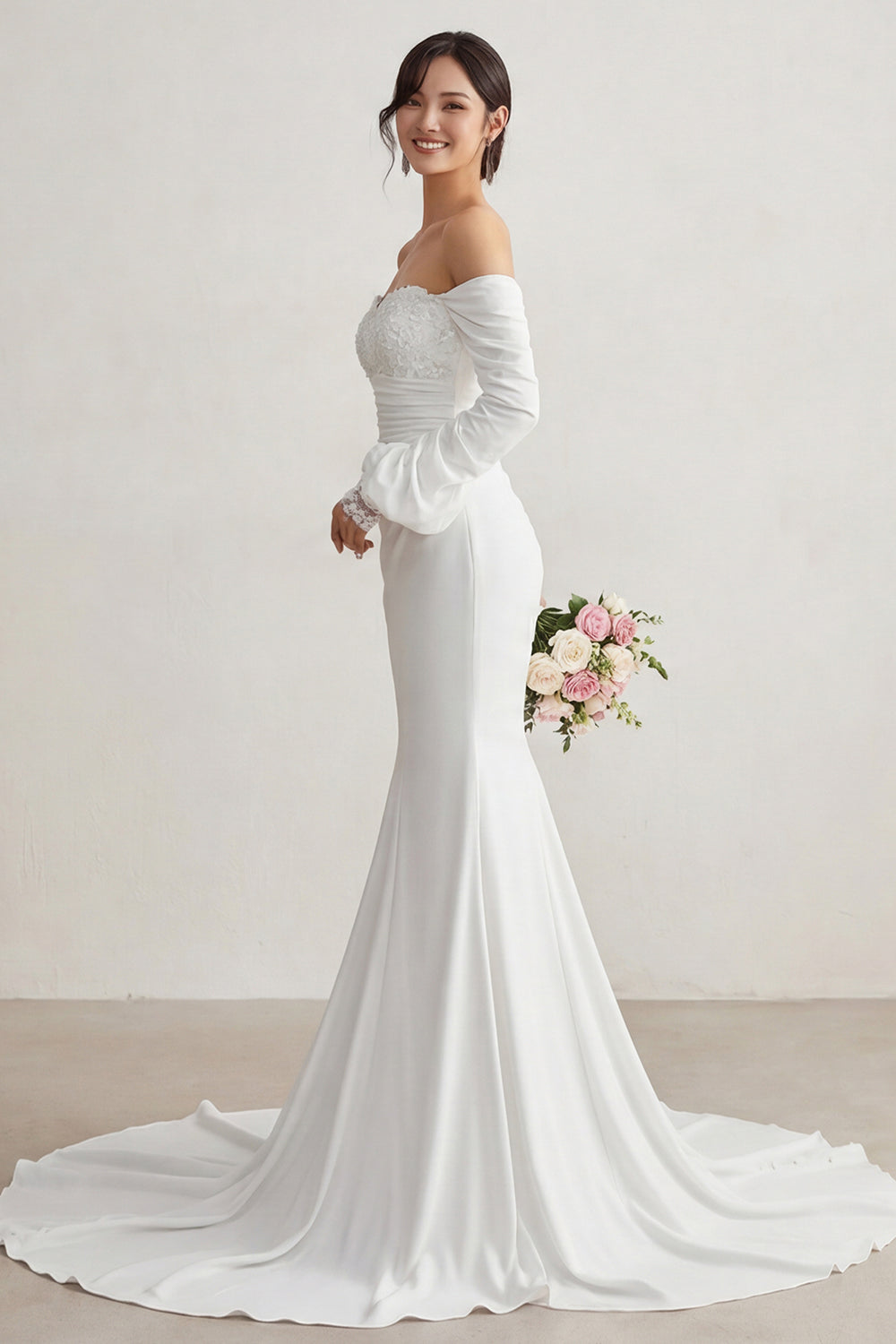 Ivory Chiffon Mermaid Appliqued Sweep Train Boho Wedding Dress with Sleeves
