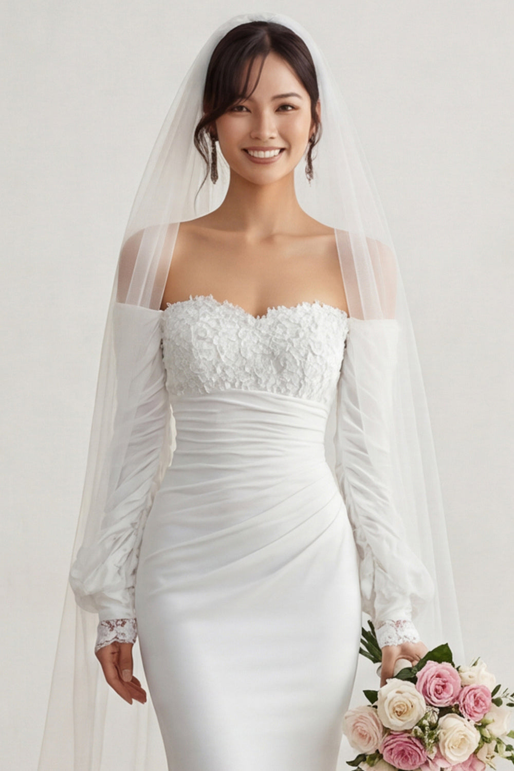Ivory Chiffon Mermaid Appliqued Sweep Train Boho Wedding Dress with Sleeves