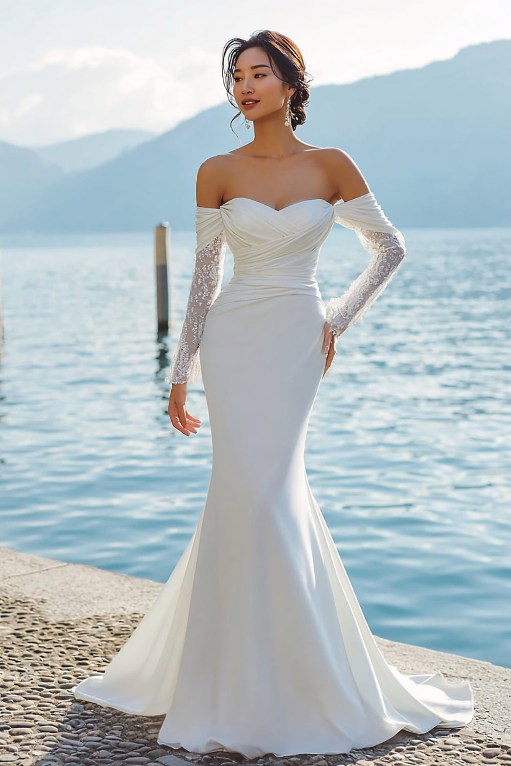 Ivory Mermaid Off The Shoulder Sweep Train Boho Wedding Dress with Sleeves