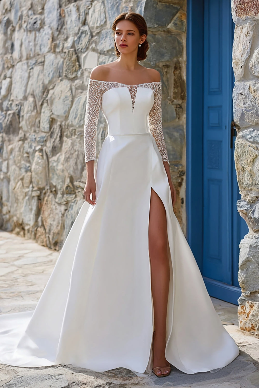 Ivory A Line Off The Shoulder Sweep Train Boho Wedding Dress with Slit