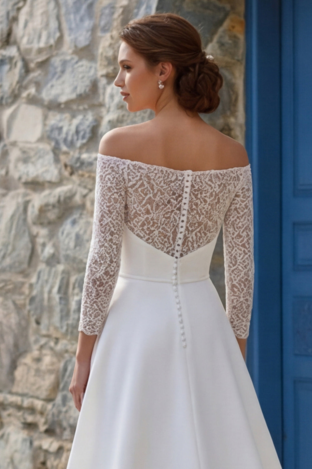 Ivory A Line Off The Shoulder Sweep Train Boho Wedding Dress with Slit