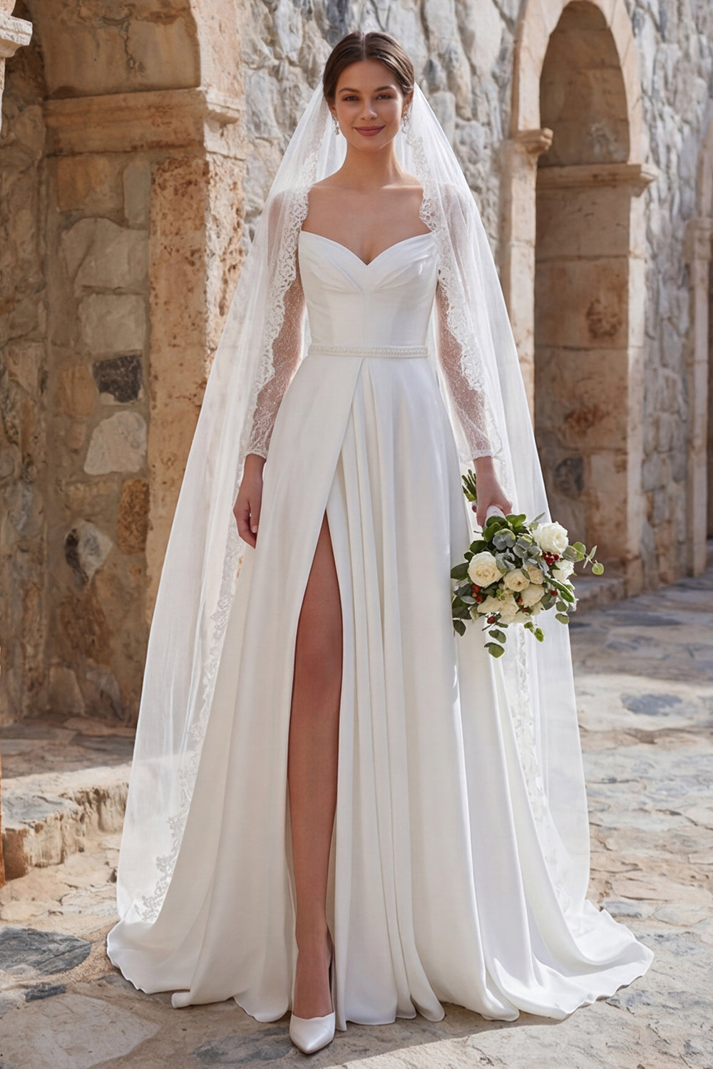 Ivory A-Line Long-Sleeve Boho Wedding Dress with Slit and Sweep Train