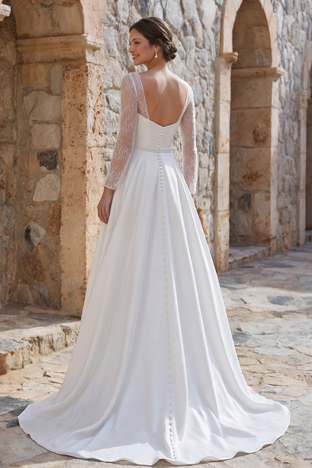Ivory A-Line Long-Sleeve Boho Wedding Dress with Slit and Sweep Train