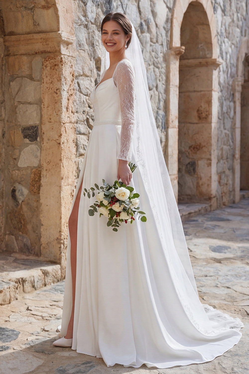 Ivory A-Line Long-Sleeve Boho Wedding Dress with Slit and Sweep Train