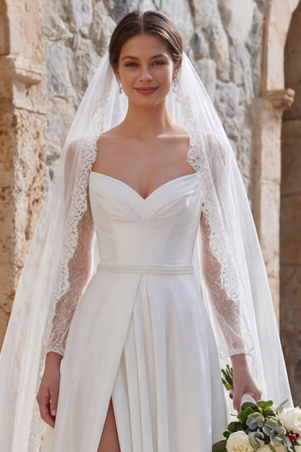 Ivory A-Line Long-Sleeve Boho Wedding Dress with Slit and Sweep Train