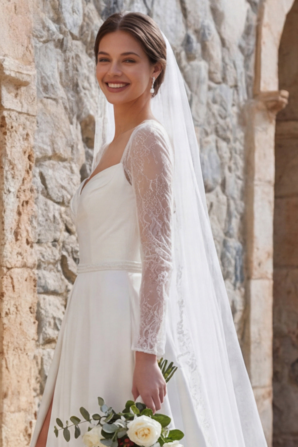 Ivory A-Line Long-Sleeve Boho Wedding Dress with Slit and Sweep Train