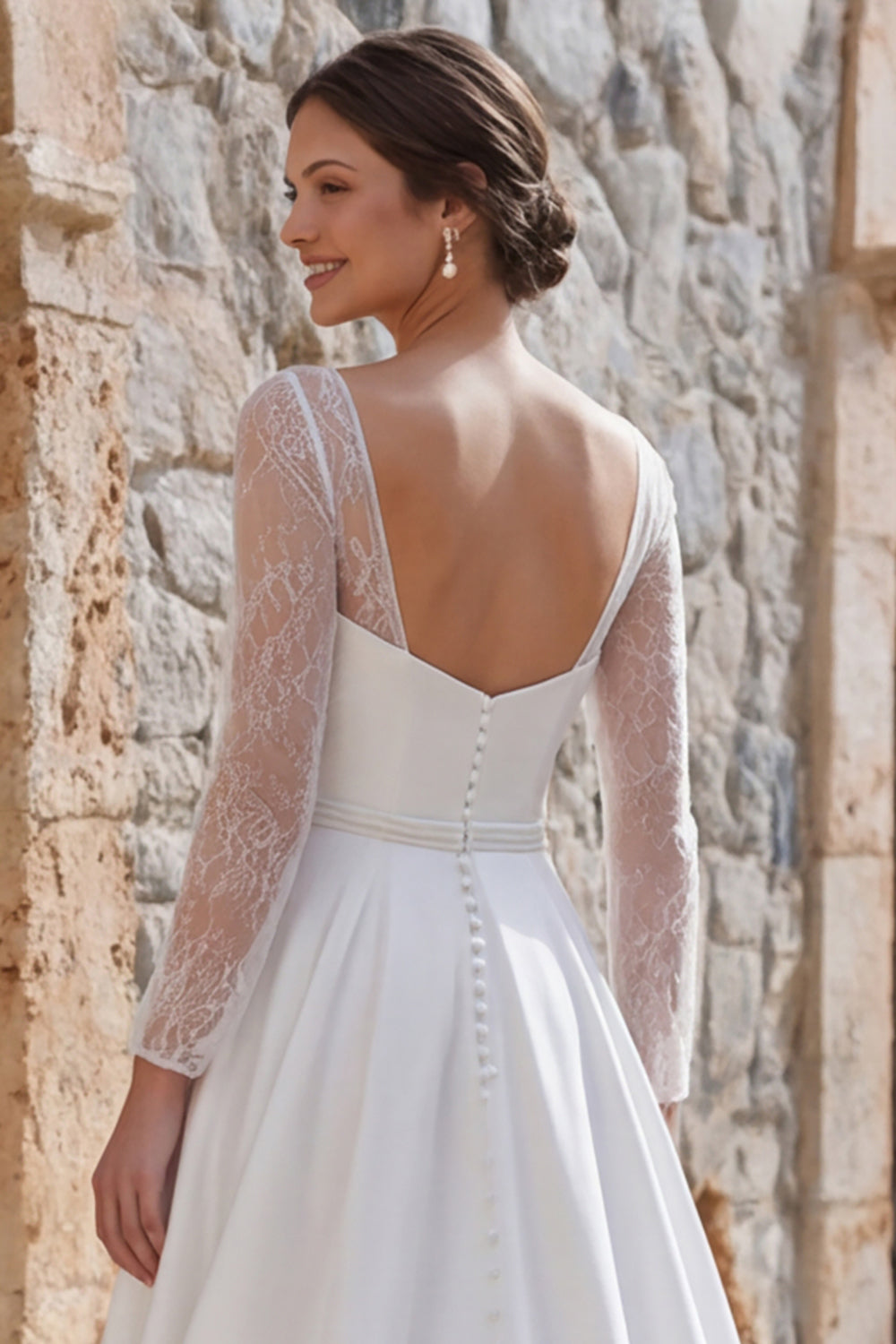 Ivory A-Line Long-Sleeve Boho Wedding Dress with Slit and Sweep Train