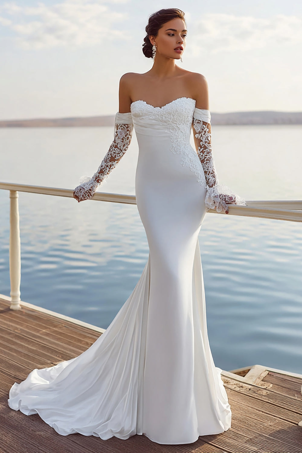 Ivory Mermaid Sweetheart Chiffon Ruched Long Wedding Dress