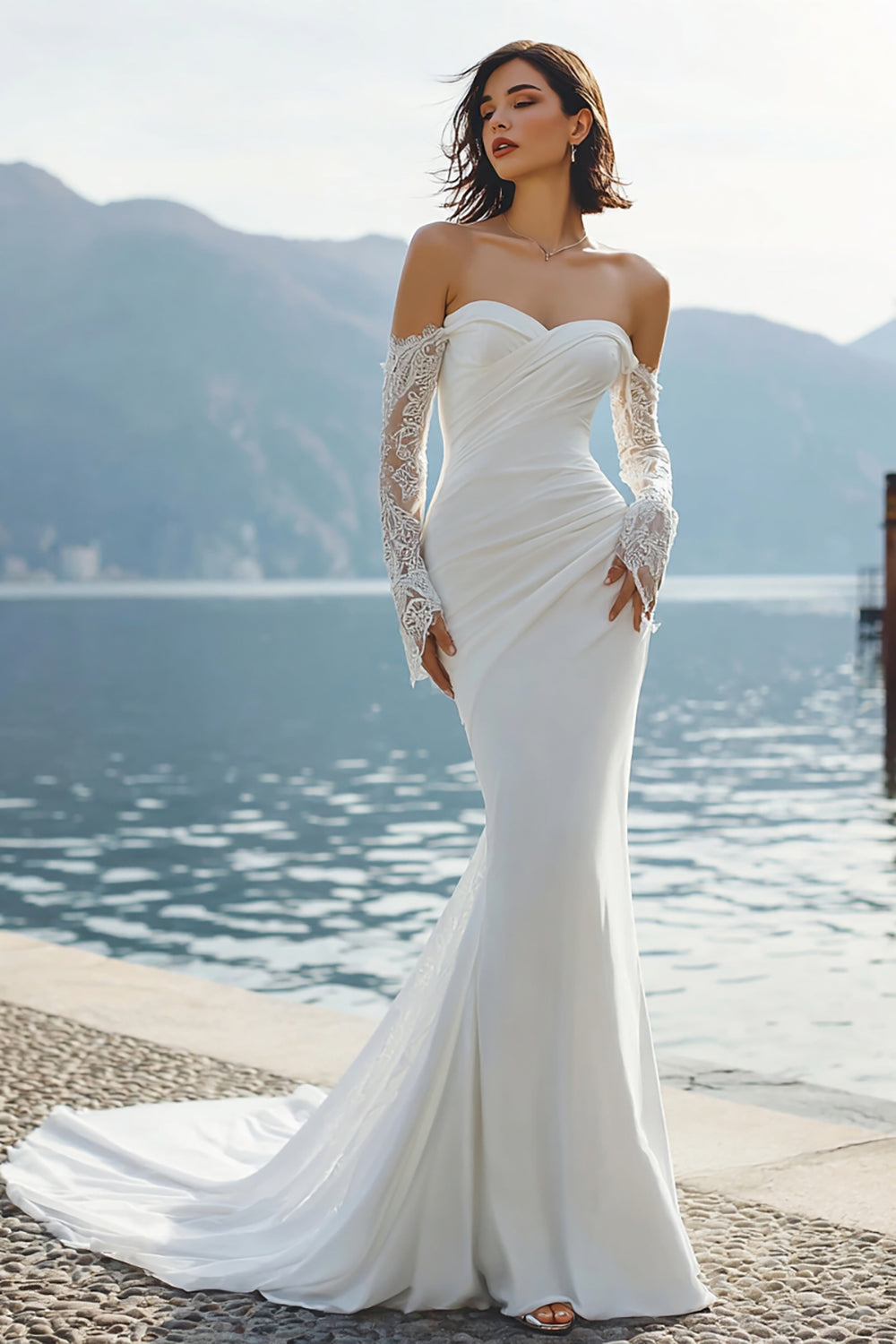 Vestido de Novia Largo con Aplicaciones de Encaje Sirena de Gasa Marfil Escote Corazón